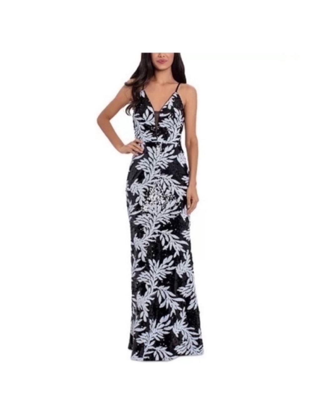 Betsy & Adam Black and White Sequin Gown Size 8